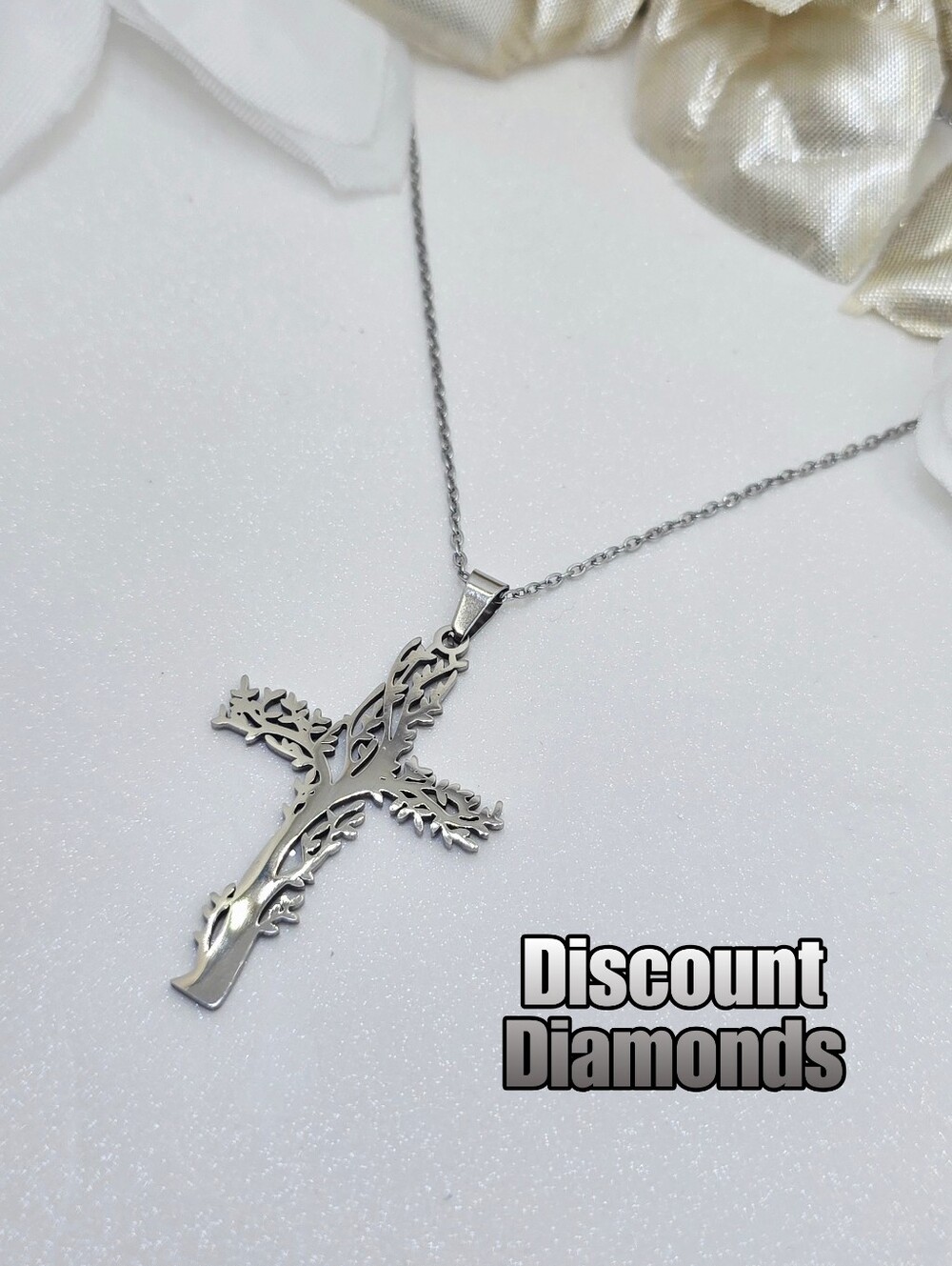 Choker Necklace Tree Of Life 18K White Gold Cross Titanium on 925 Silver